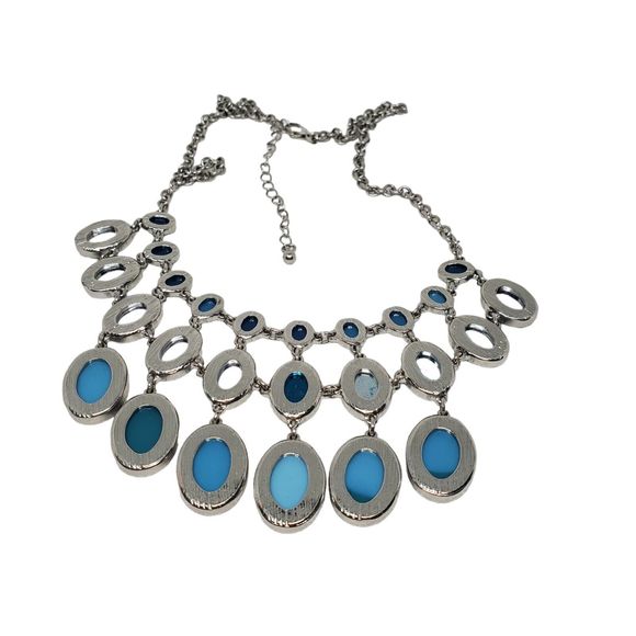 Graduating Blue Green Silver Tone Chain Statement Necklace Faceted Bib Acrylic - Picture 6 of 9